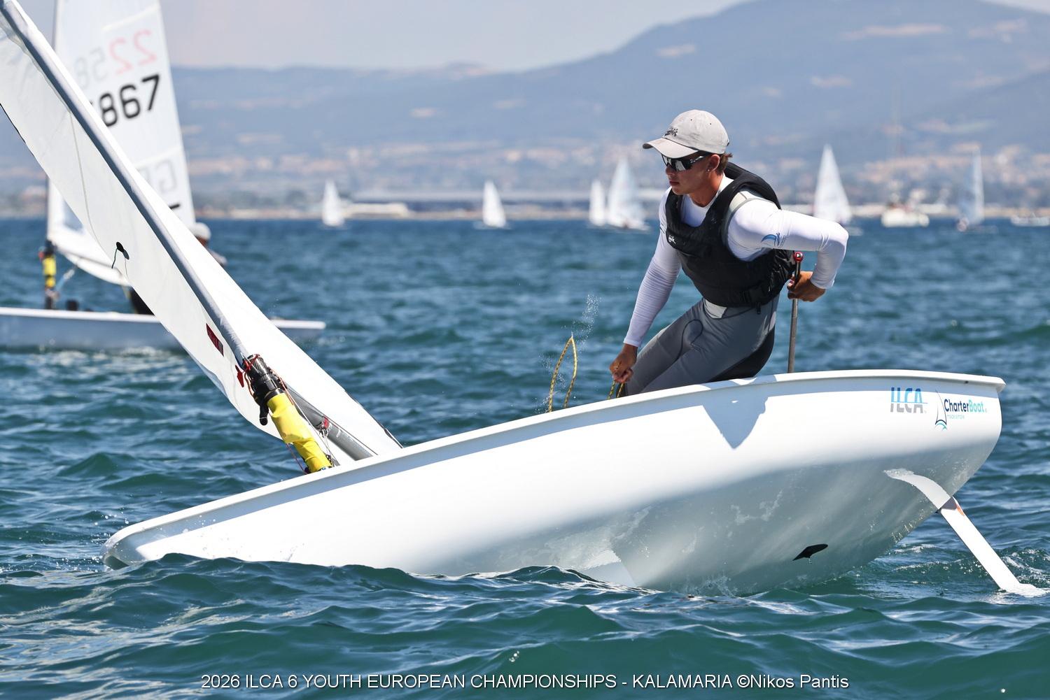 Gal Einav sailing an ILCA at the 2026 Youth European Championships in Kalamaria